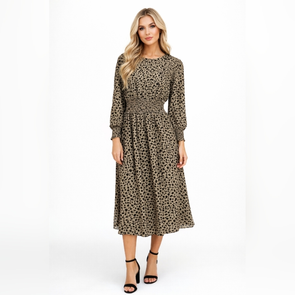 DownEast Leopard Print Smocked Midi Dress Size M